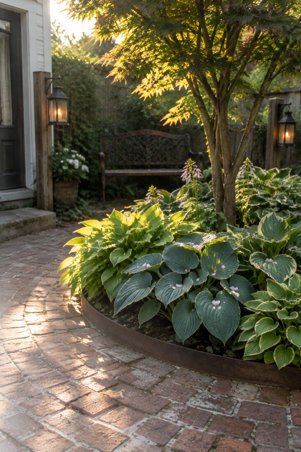A curved brick walkway runs beside a raised bed of hostas in a small garden near a house entrance.