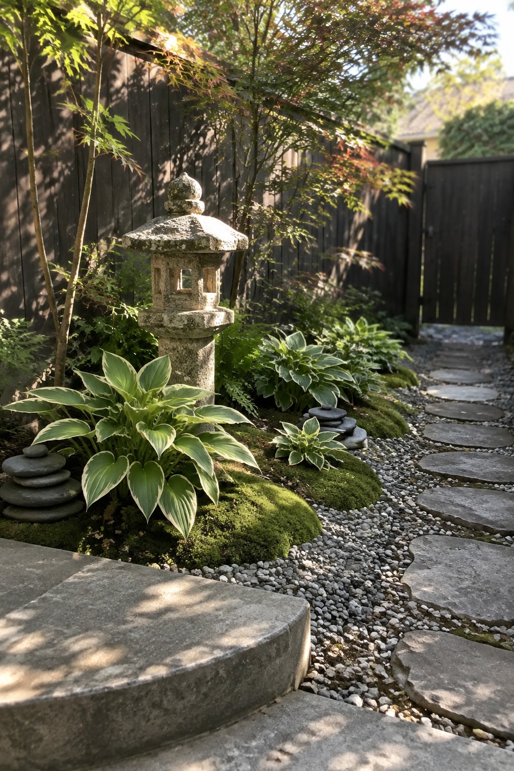 A curved stepping-stone path runs through a gravel garden beside hostas, moss, and a stone lantern.