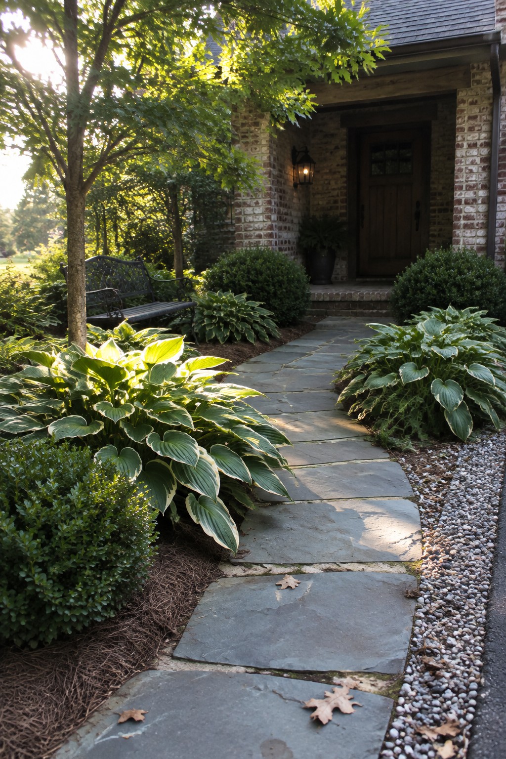 Large stone slabs form a curved path through hostas toward a brick front entry.