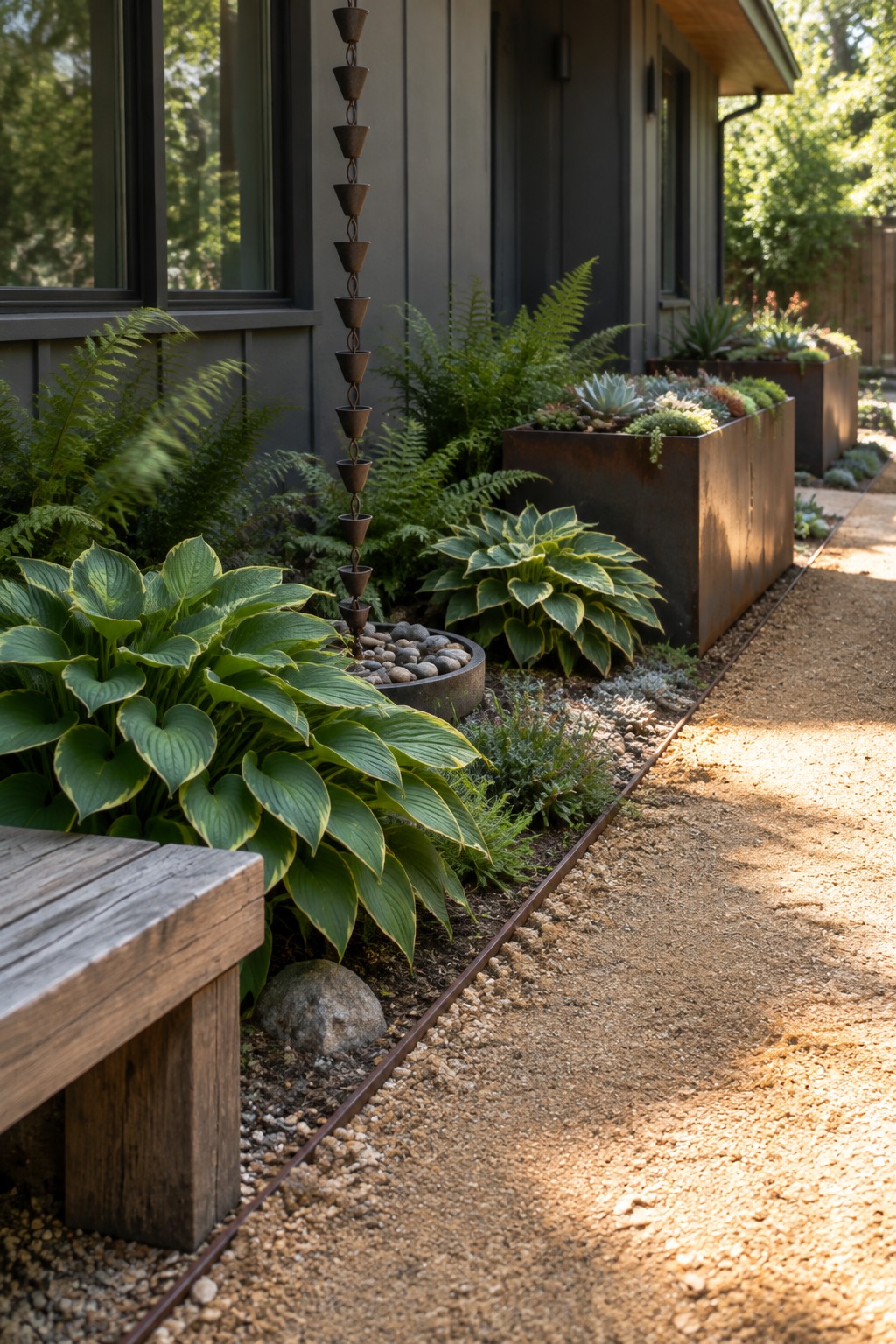 A gravel walkway runs beside a shaded garden bed with hostas, ferns, and raised planters.
