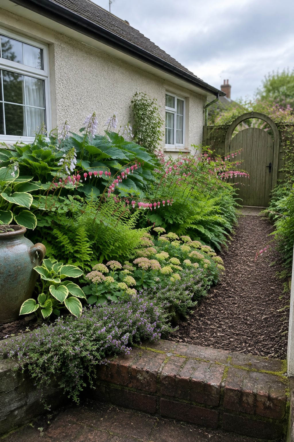 A low brick border separates a lush hosta garden from a paved area beside a house.