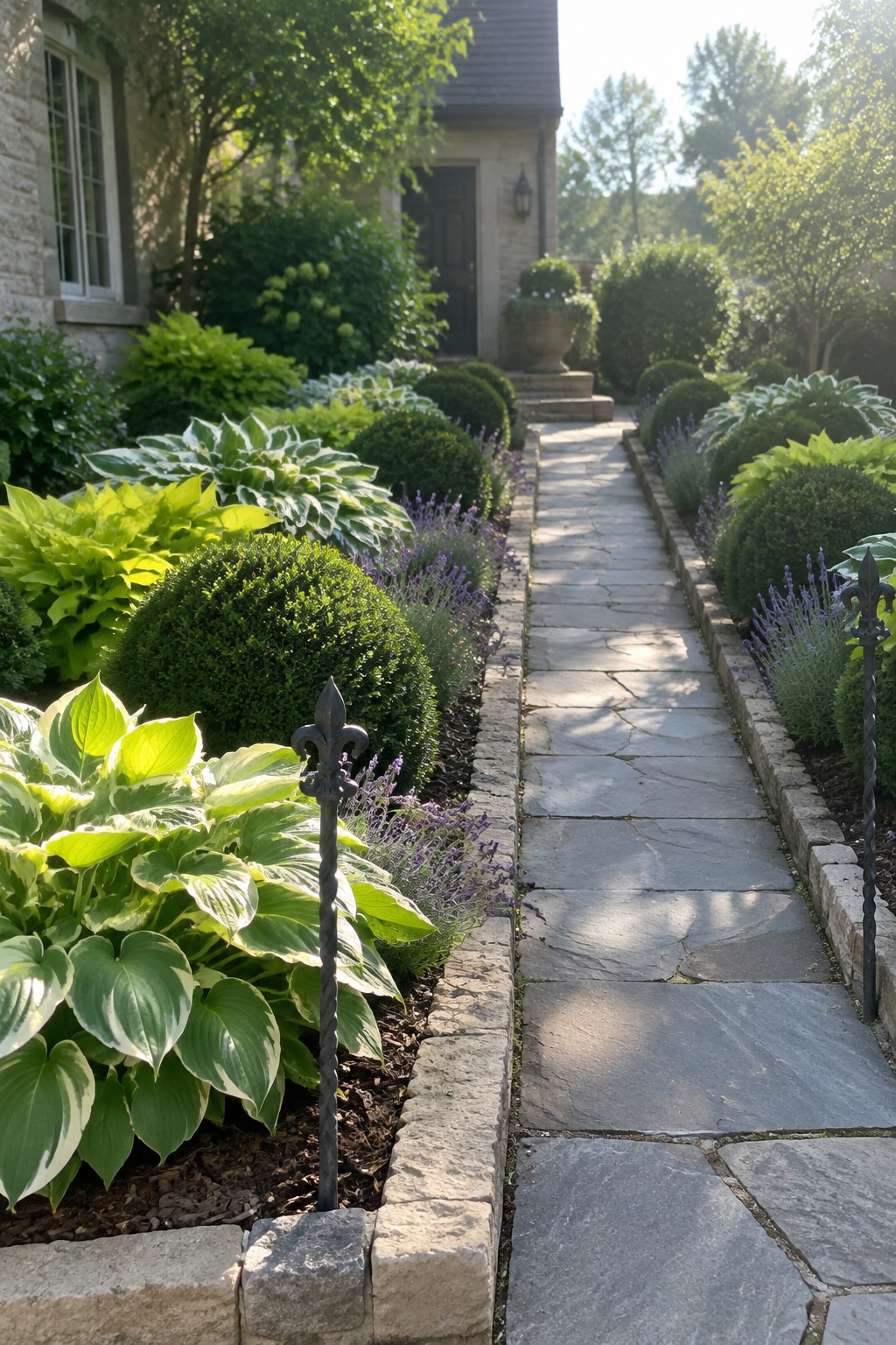 A stone walkway bordered by hostas, clipped shrubs, and lavender leads to a house entrance.