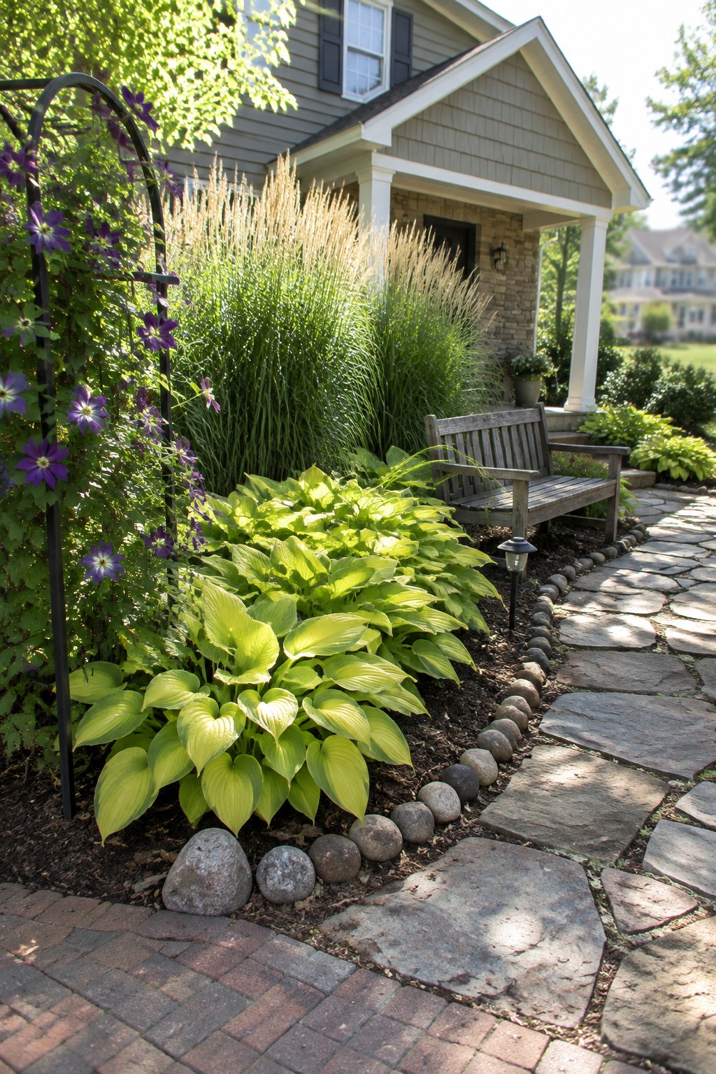 Large hostas and ornamental grasses line an irregular stone path edged with rounded rocks beside a house.