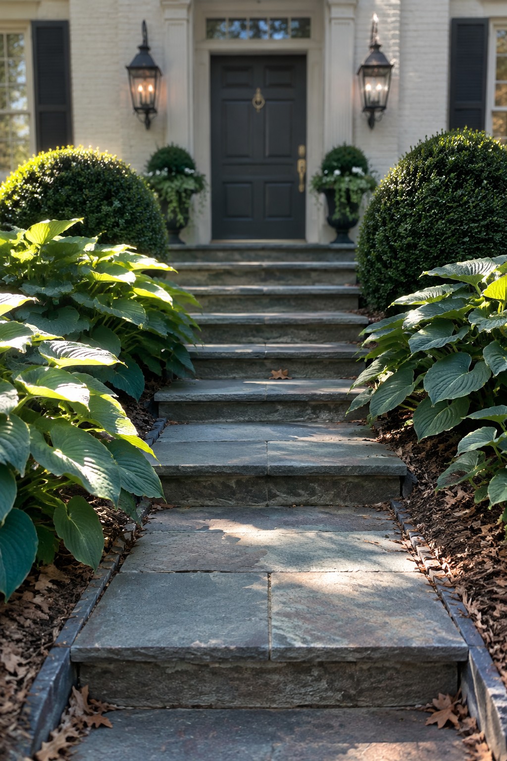 A stone walkway and steps lead to a dark front door, with hostas and rounded shrubs planted along the path.