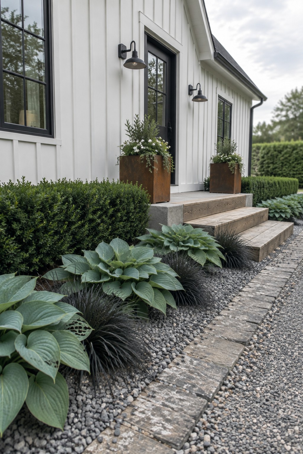 Broad-leaf hostas and ornamental grasses border a gravel walkway leading to wooden front steps.
