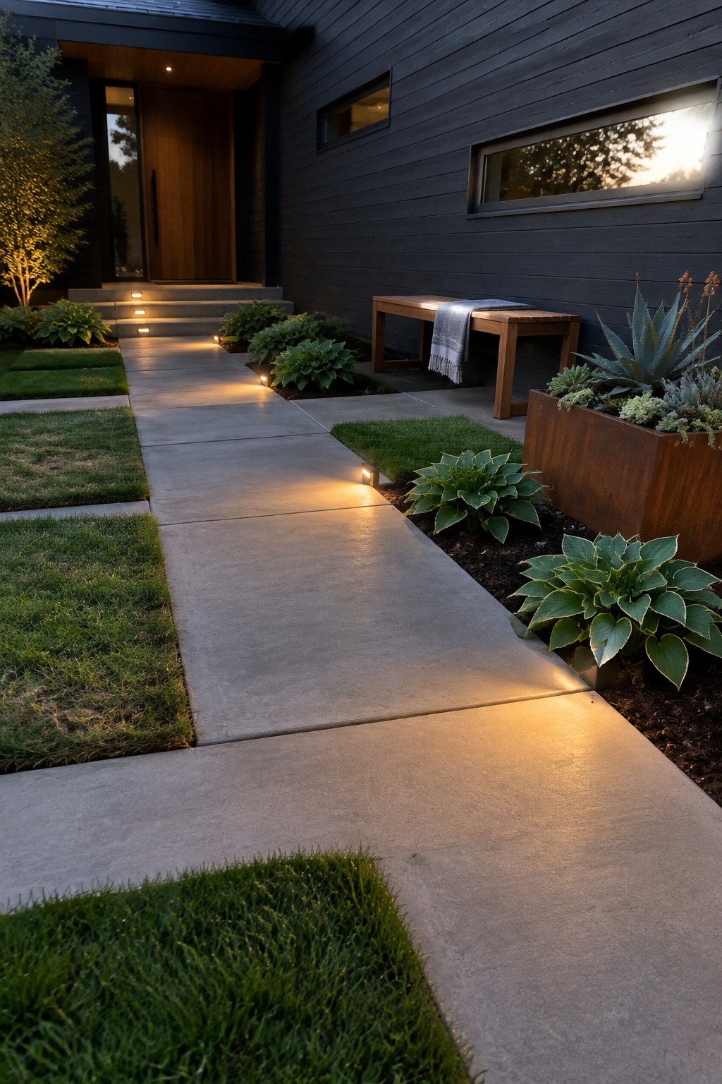 A concrete walkway leads to a modern front door, with hostas planted along the path and low lights beside the paving.
