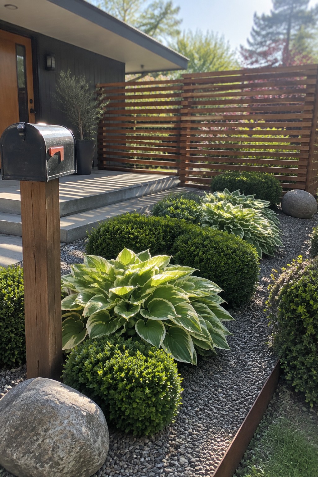 Variegated hostas and rounded evergreen shrubs grow in a gravel front garden beside concrete steps and a wooden slat fence.