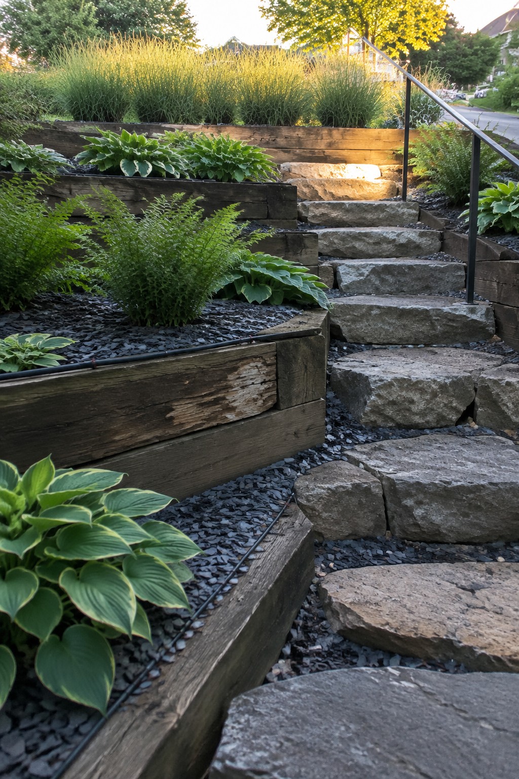 A stone staircase climbs through a sloped garden with timber retaining walls, hostas, ferns, gravel, and a metal handrail.