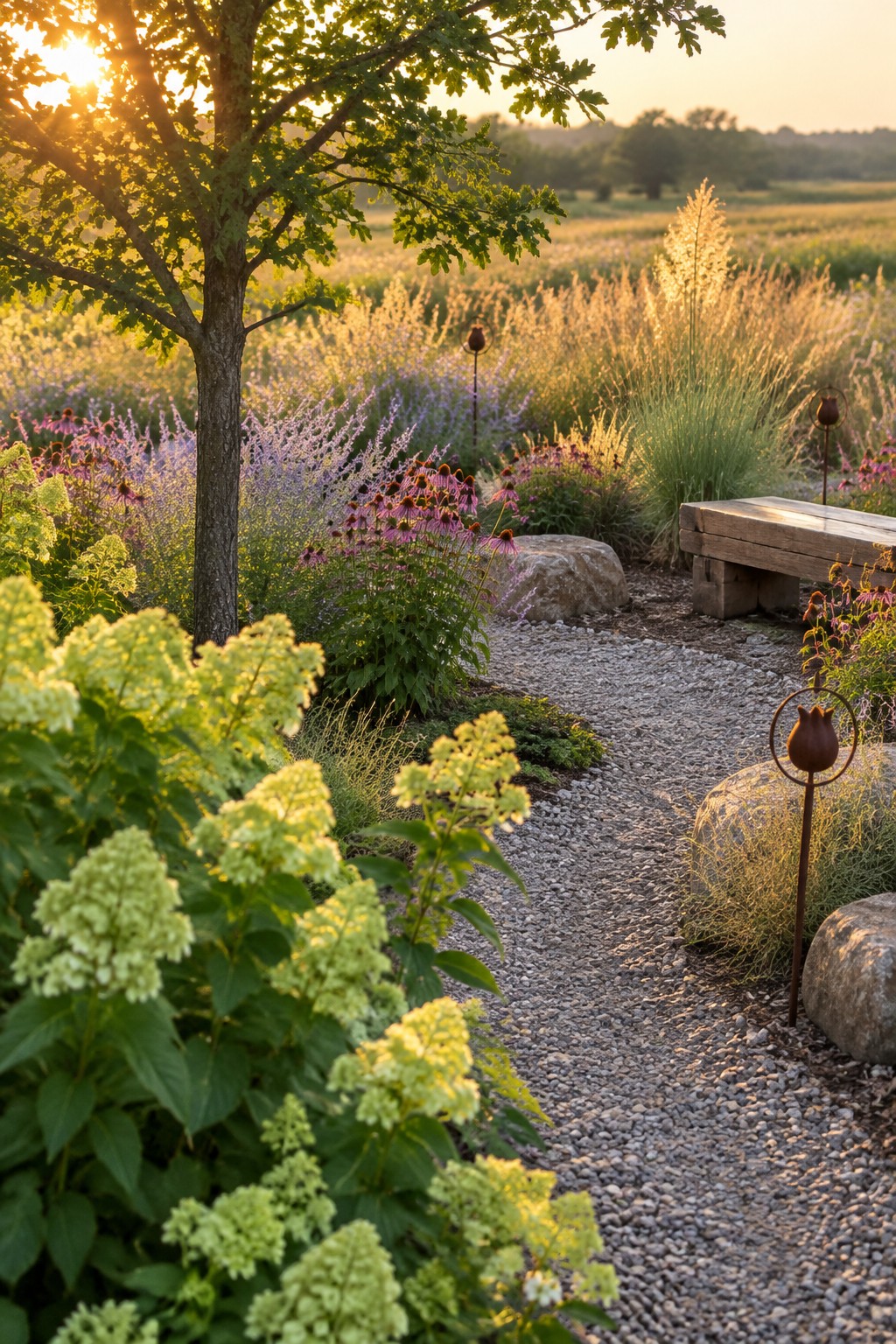 A gravel garden path curves past flowering plants and ornamental grasses beneath a leafy tree, with a wooden bench and metal garden stakes nearby.