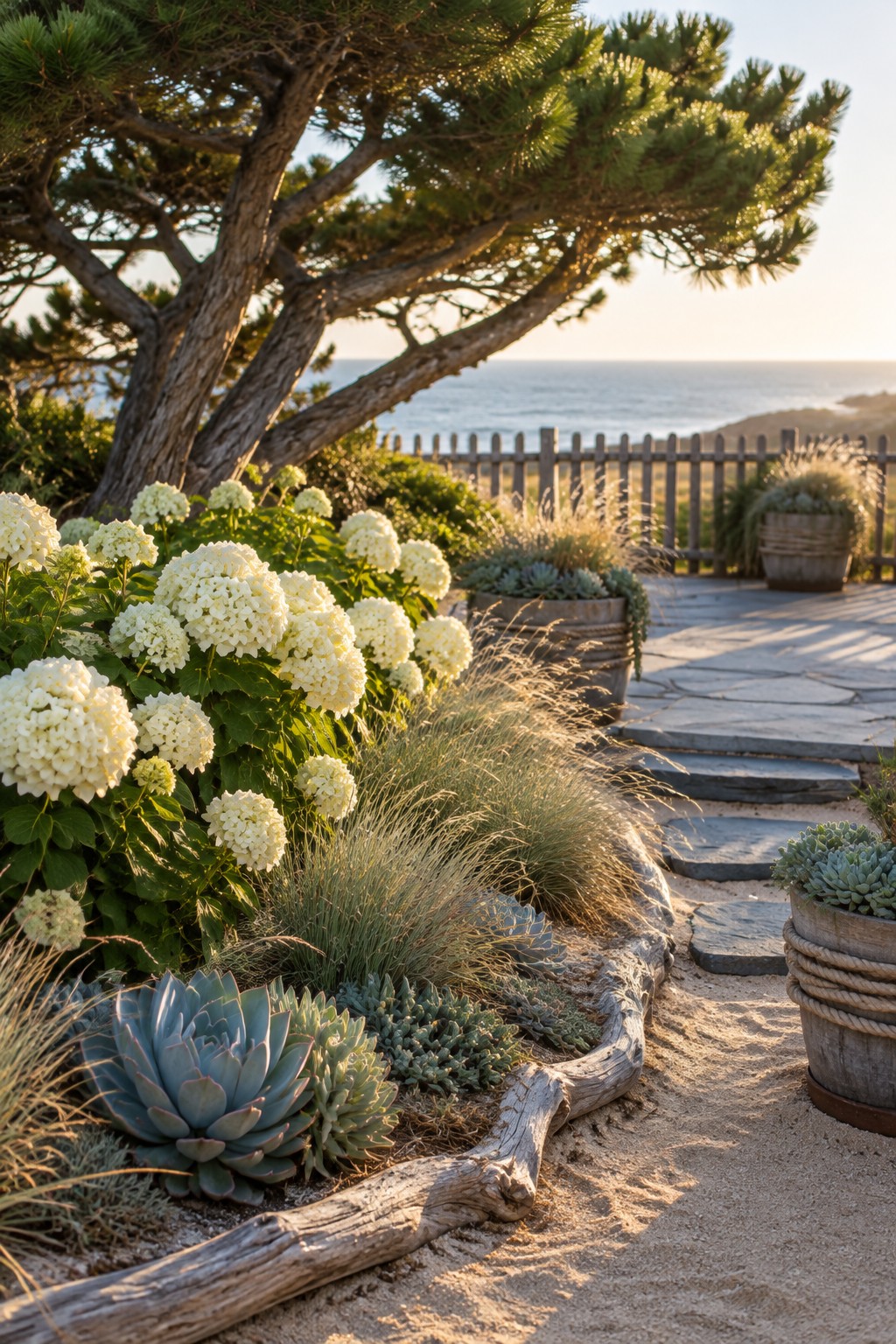 White hydrangeas, succulents, and grasses fill a curved garden bed beside a stone path and wooden fence near the ocean.