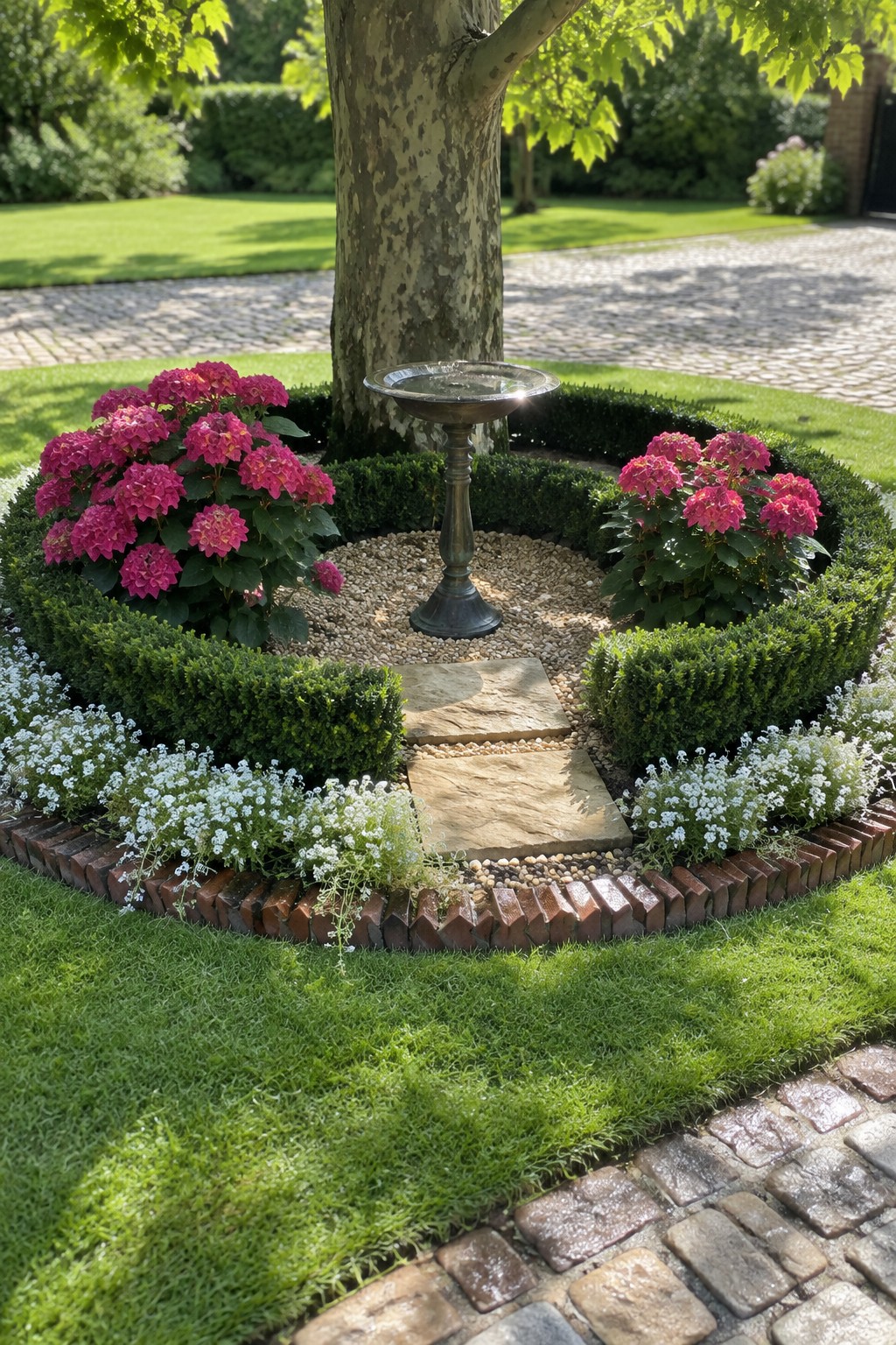 A circular garden bed with pink hydrangeas, low boxwood edging, gravel, and a birdbath around a mature tree.