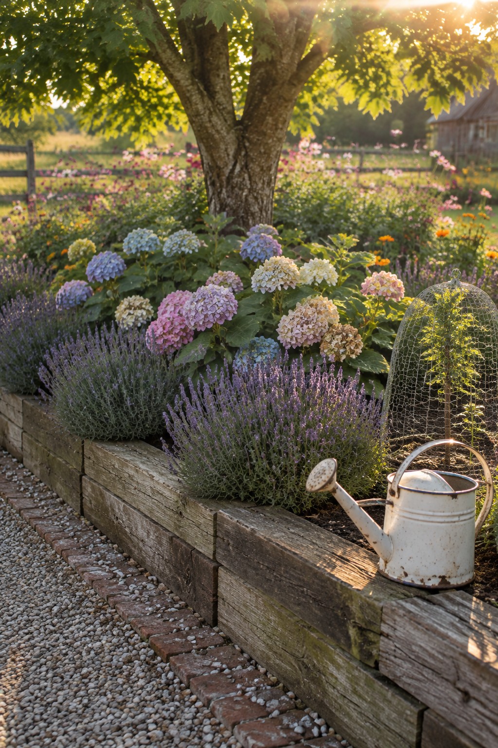 A raised wooden garden bed around a mature tree is planted with hydrangeas and lavender, with a pebble path and watering can in the foreground.