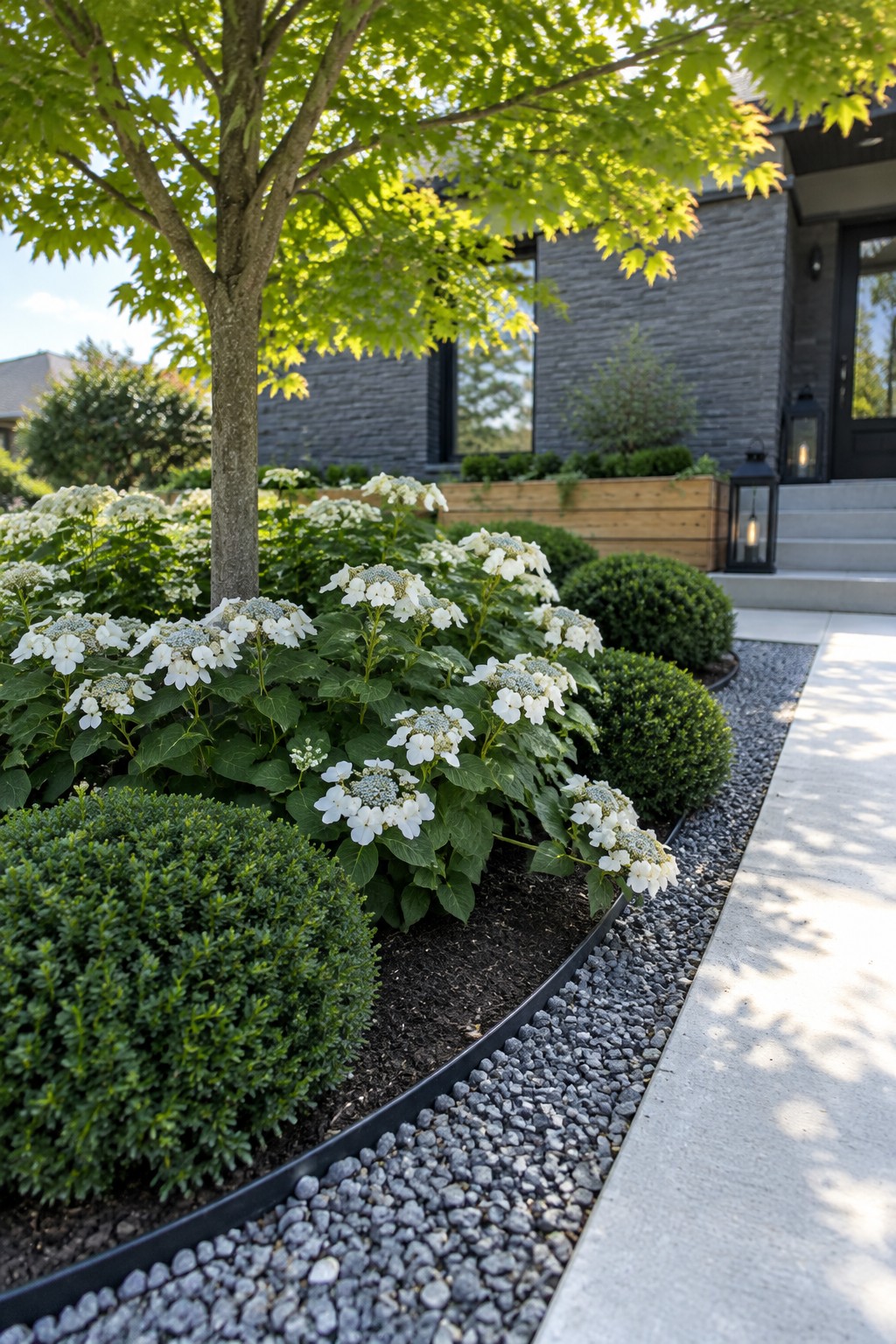 White hydrangeas and rounded evergreen shrubs grow in a curved garden bed around a tree beside a stone walkway.
