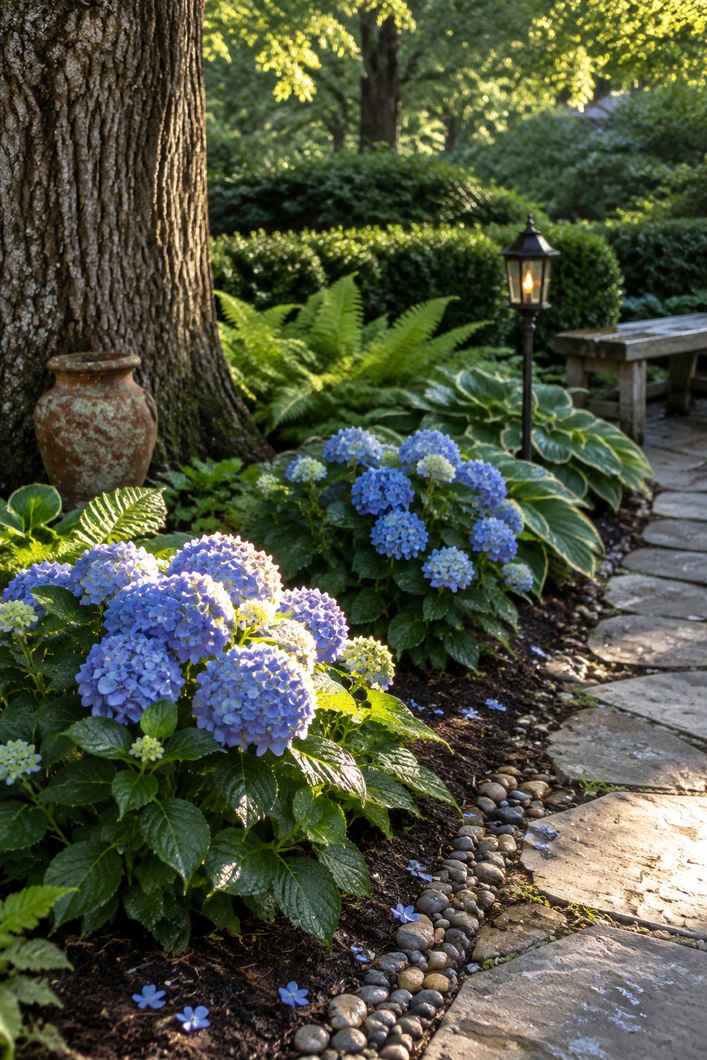Blue hydrangeas grow in layered garden beds around a large tree beside a stone path.