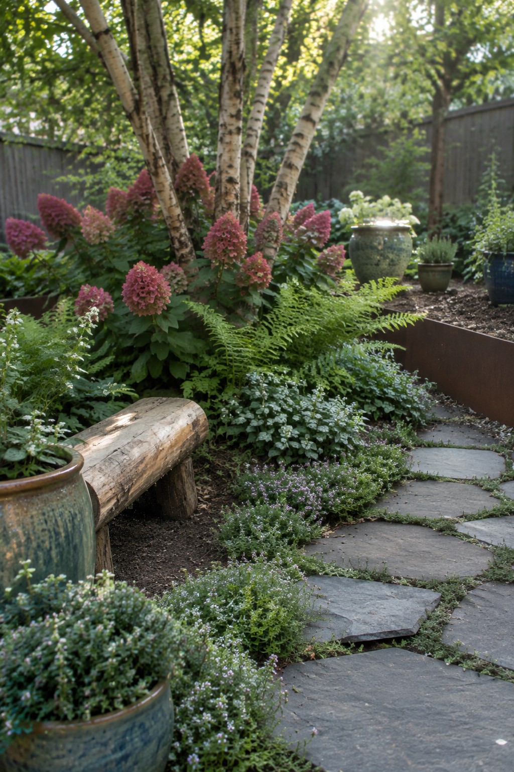 Pink hydrangeas and ferns grow around multi-trunk birch trees beside a stepping-stone path.