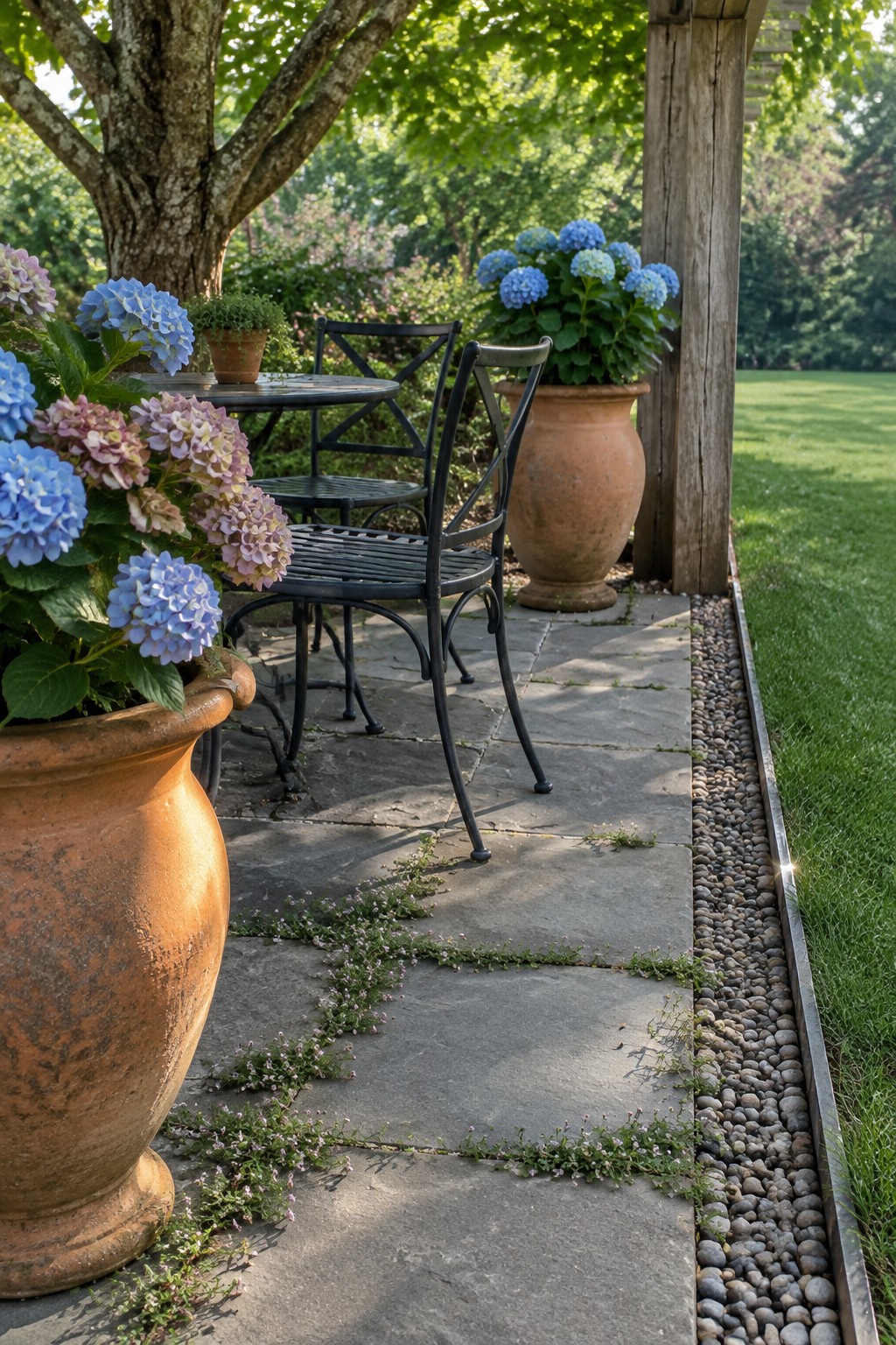 Blue and pink hydrangeas in terracotta pots sit beside a stone garden path with black metal chairs and a narrow strip of river stones.