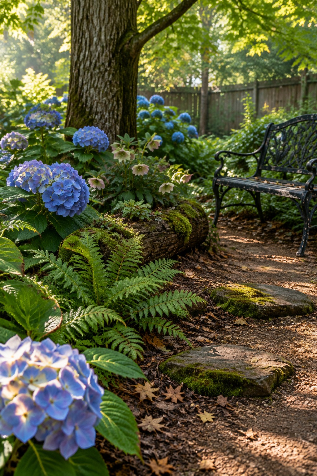 Blue hydrangeas and ferns grow around a large tree beside a stepping-stone path and a black garden bench.