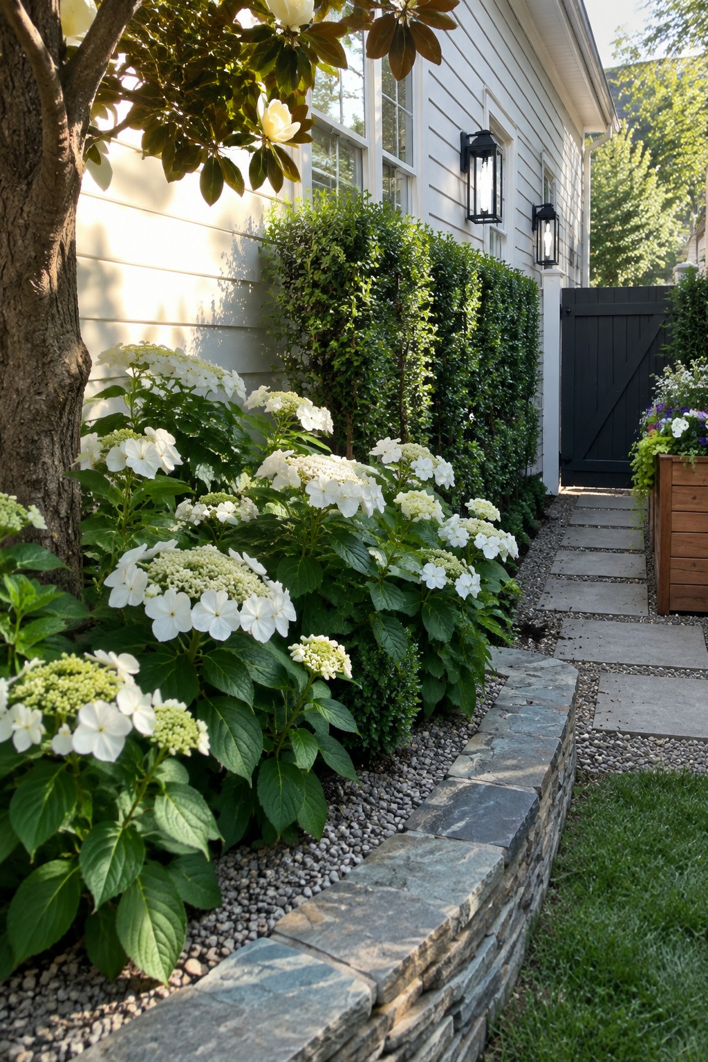White hydrangeas grow in a raised bed edged with stone beside a white house and stepping-stone path.