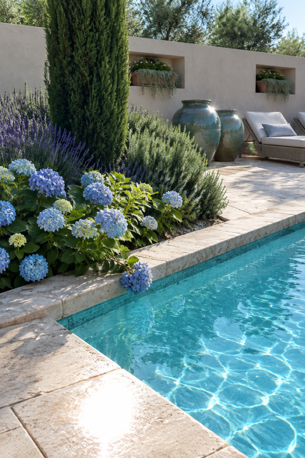 Blue hydrangeas and purple flowers grow beside a turquoise swimming pool edged with pale stone.