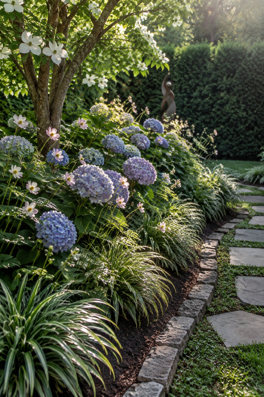 A curved garden bed with blue and pink hydrangeas, ornamental grasses, and a low stone border beside a stepping-stone path.