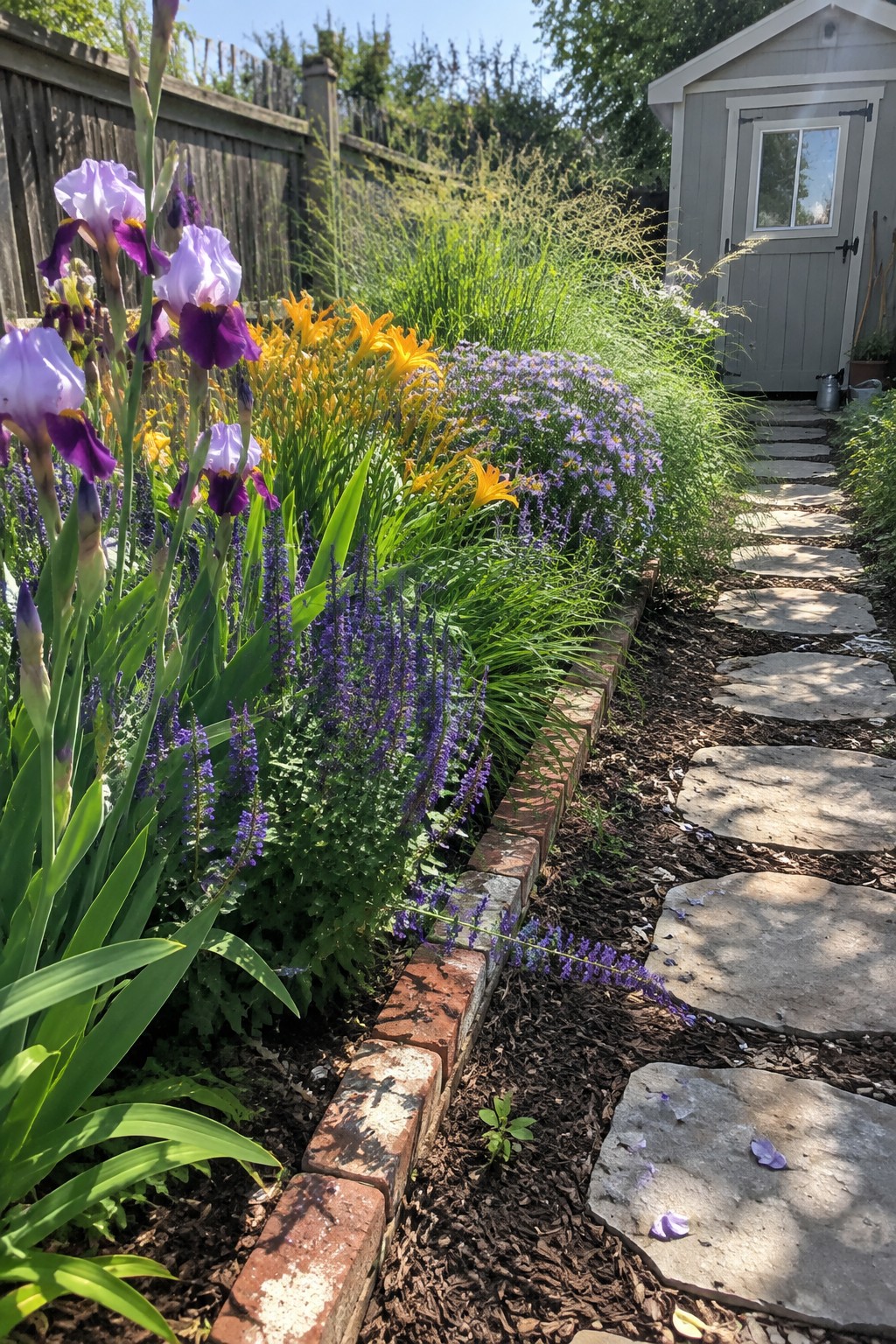 Purple irises, orange daylilies, and small purple flowers grow beside a brick-edged stone path leading to a gray garden shed.