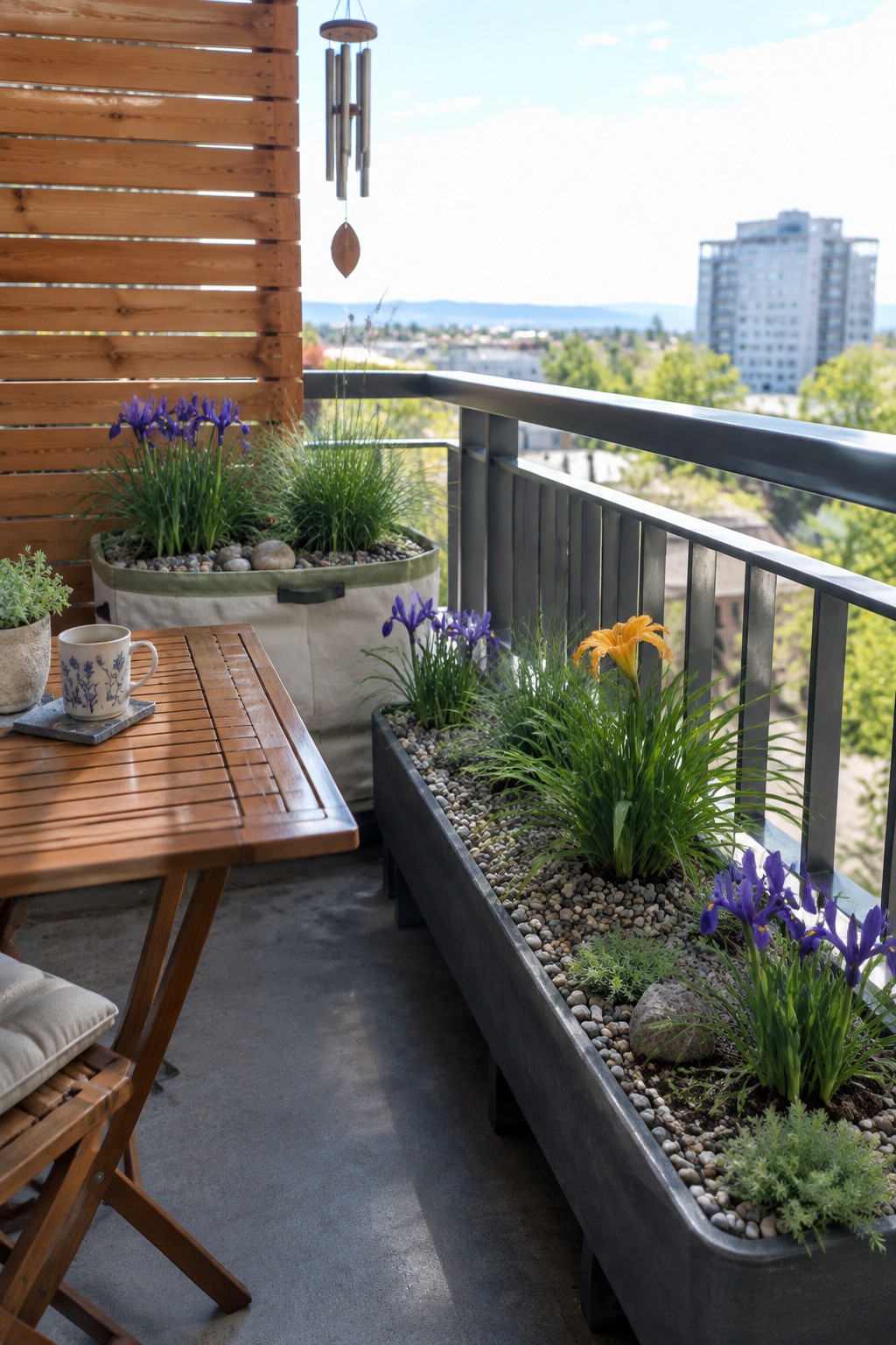 Long dark planters filled with purple irises and an orange daylily sit along a balcony railing.