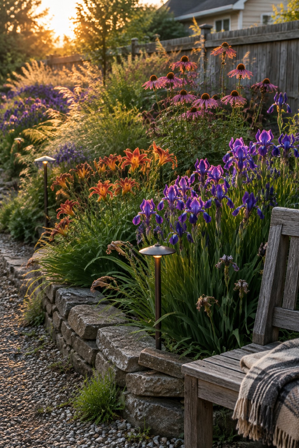 Purple irises and orange daylilies grow in layers along a stone retaining wall, with coneflowers and garden lights behind them.