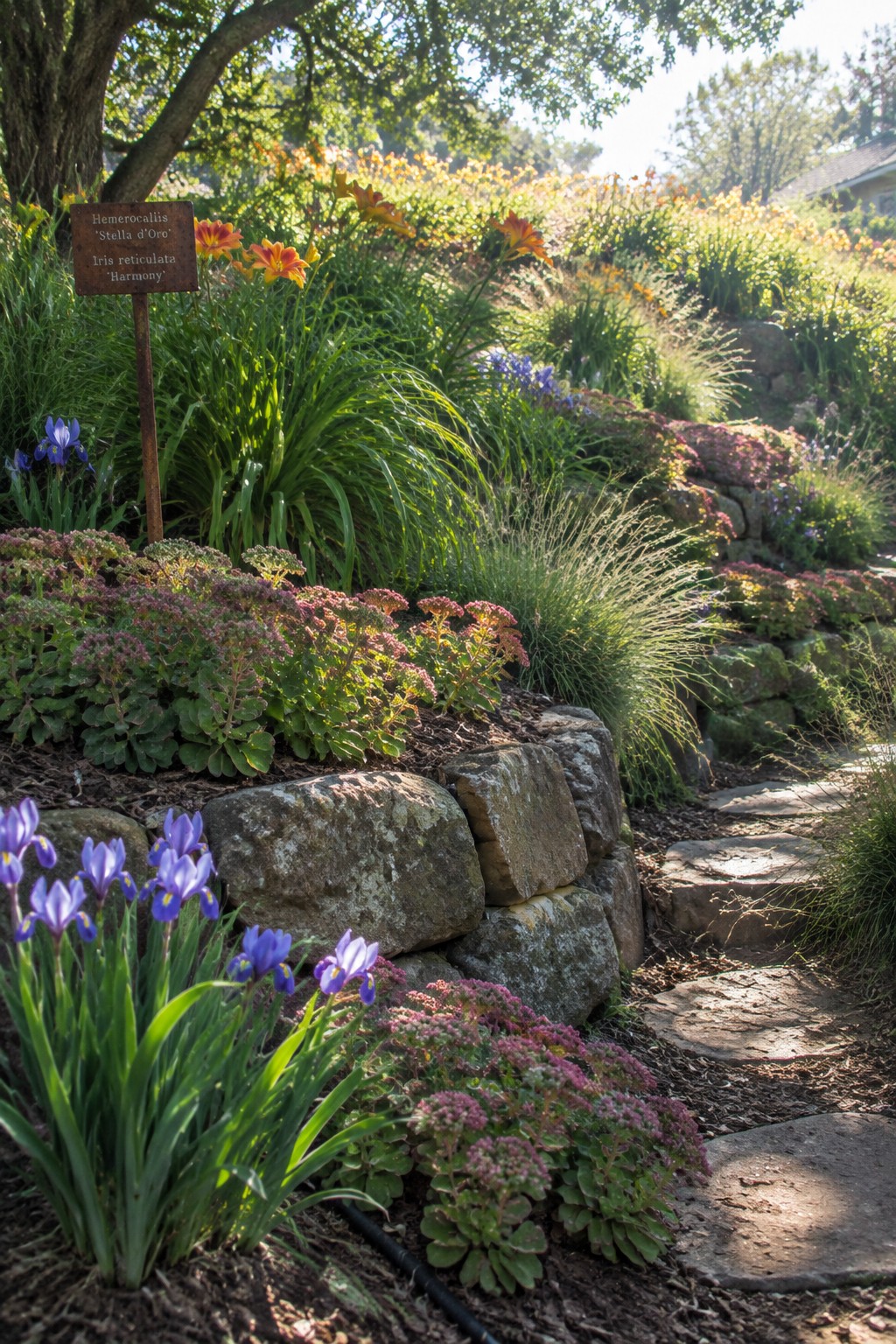 Orange daylilies and purple irises grow among grasses and pink groundcover beside a stone-edged garden path.