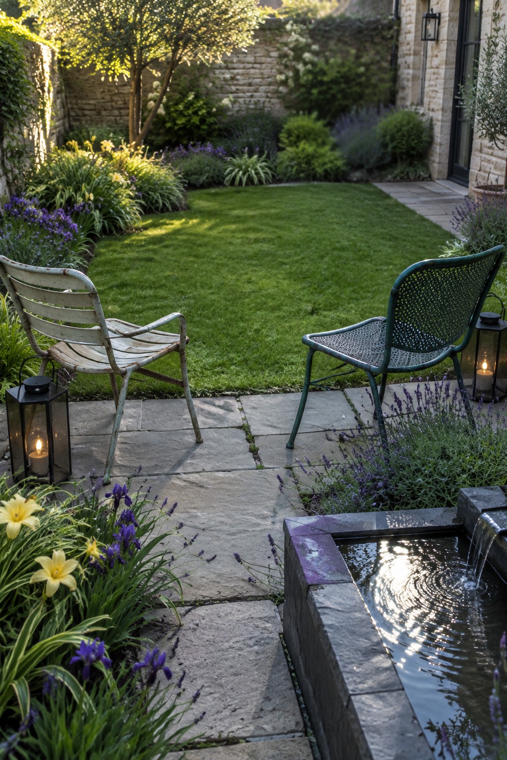 A stone walkway passes through a garden with purple irises, yellow daylilies, a lawn, two chairs, and a small water feature.