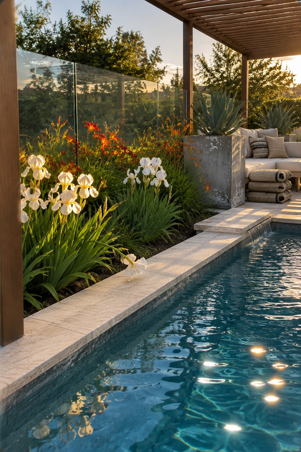White irises and orange daylilies grow beside a swimming pool with a glass fence and covered seating area.