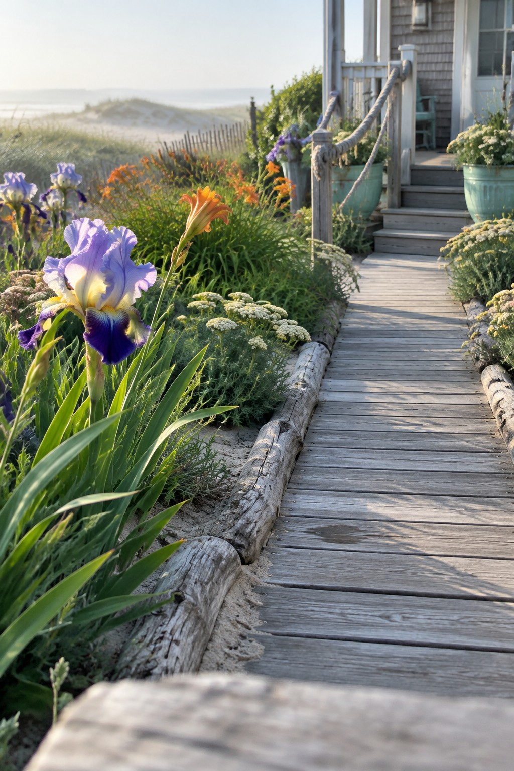 A wooden boardwalk passes through flower beds with purple irises and orange daylilies toward a beach cottage.