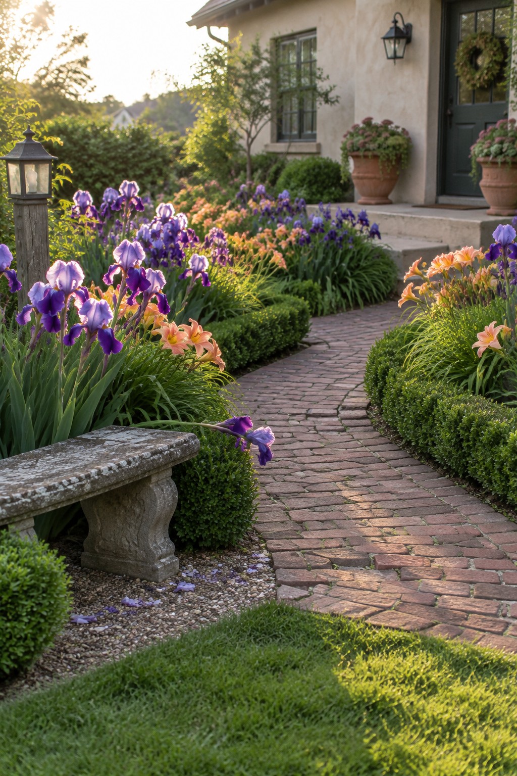 A curved brick path runs through beds of purple irises, peach daylilies, and clipped shrubs toward a house entrance.