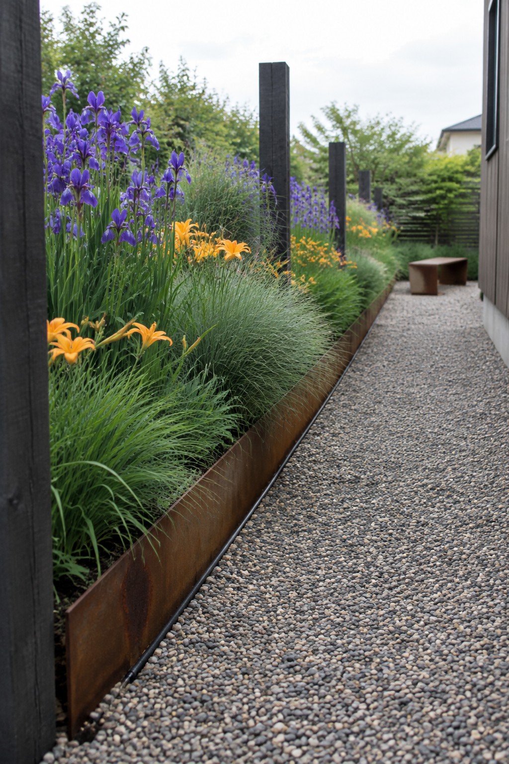 Purple irises, orange daylilies, and ornamental grasses grow in a raised metal border beside a gravel path.