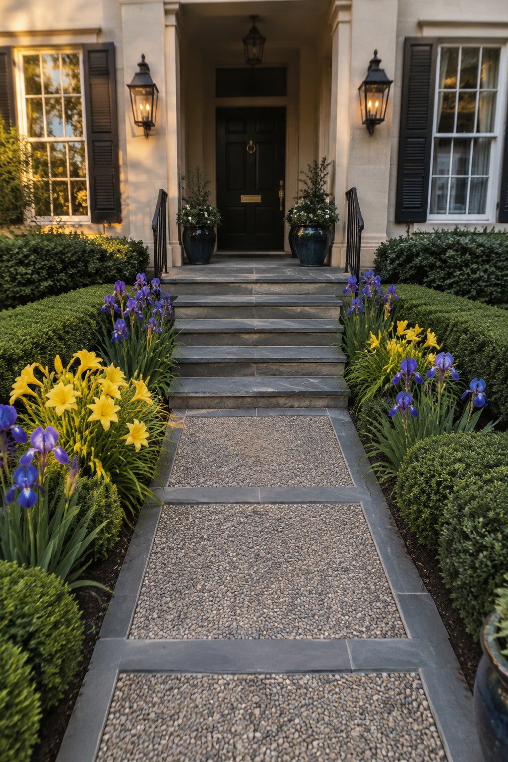 A stone walkway leads up steps to a front door, with purple irises and yellow daylilies planted along both sides.