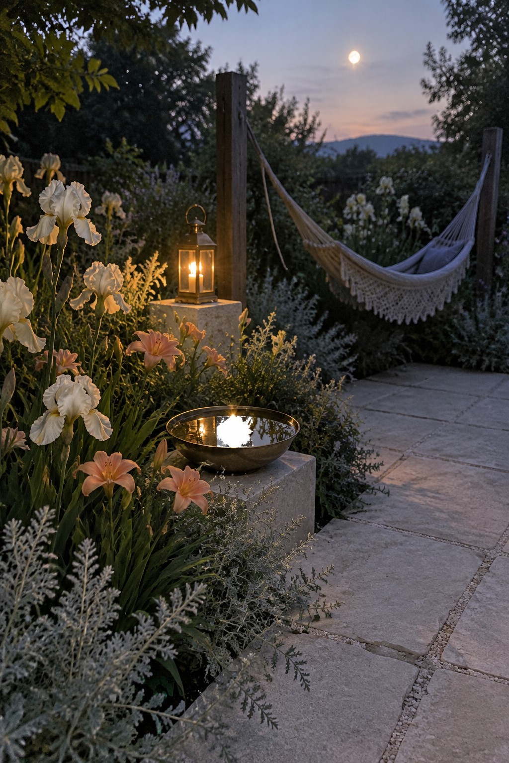 Stone patio beside flower beds of white irises and peach daylilies, with a hammock and lantern in the garden.