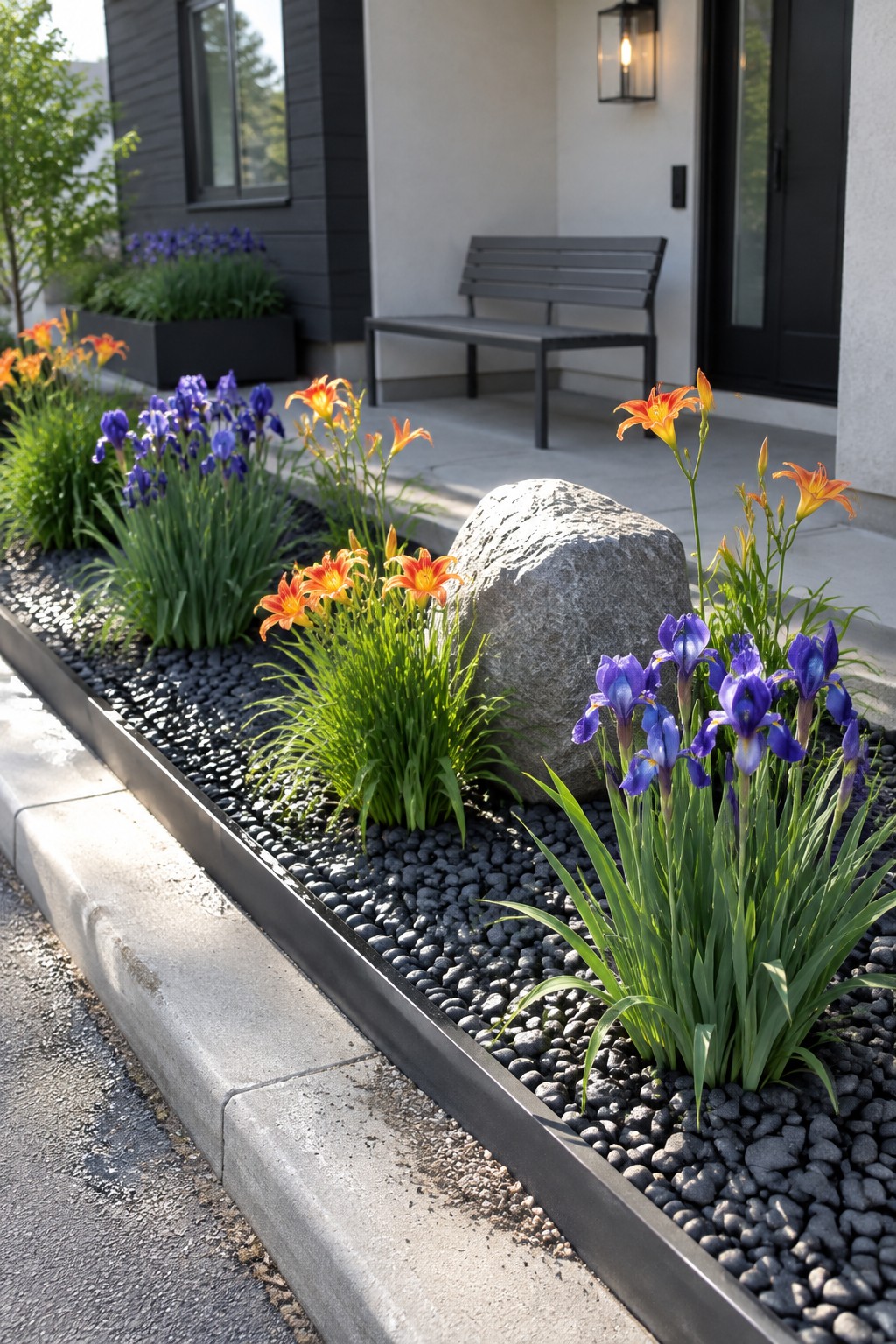 Purple irises and orange daylilies grow among dark stones beside a concrete walkway and modern house entrance.
