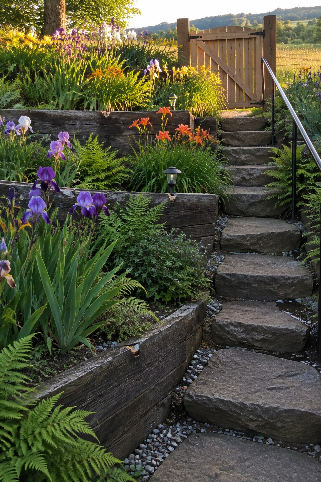 Stone steps pass between timber-edged flower beds planted with purple irises, orange daylilies, and ferns, leading to a wooden gate.