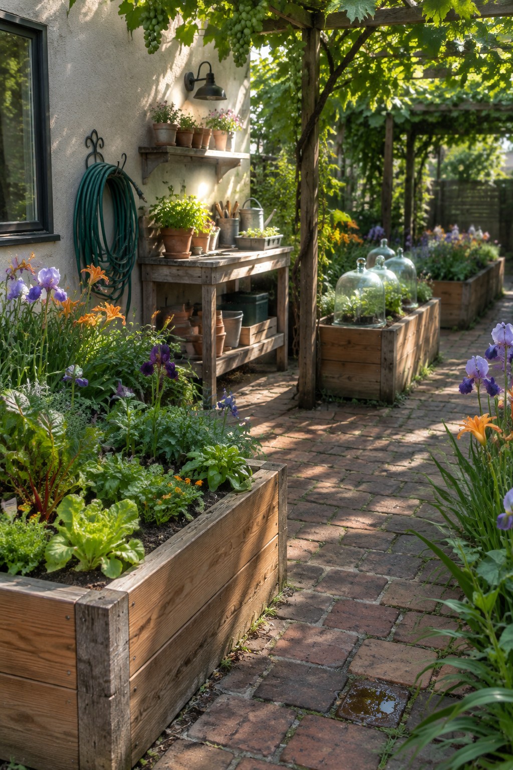 Wooden raised garden beds filled with leafy plants and purple and orange flowers sit beside a brick path.