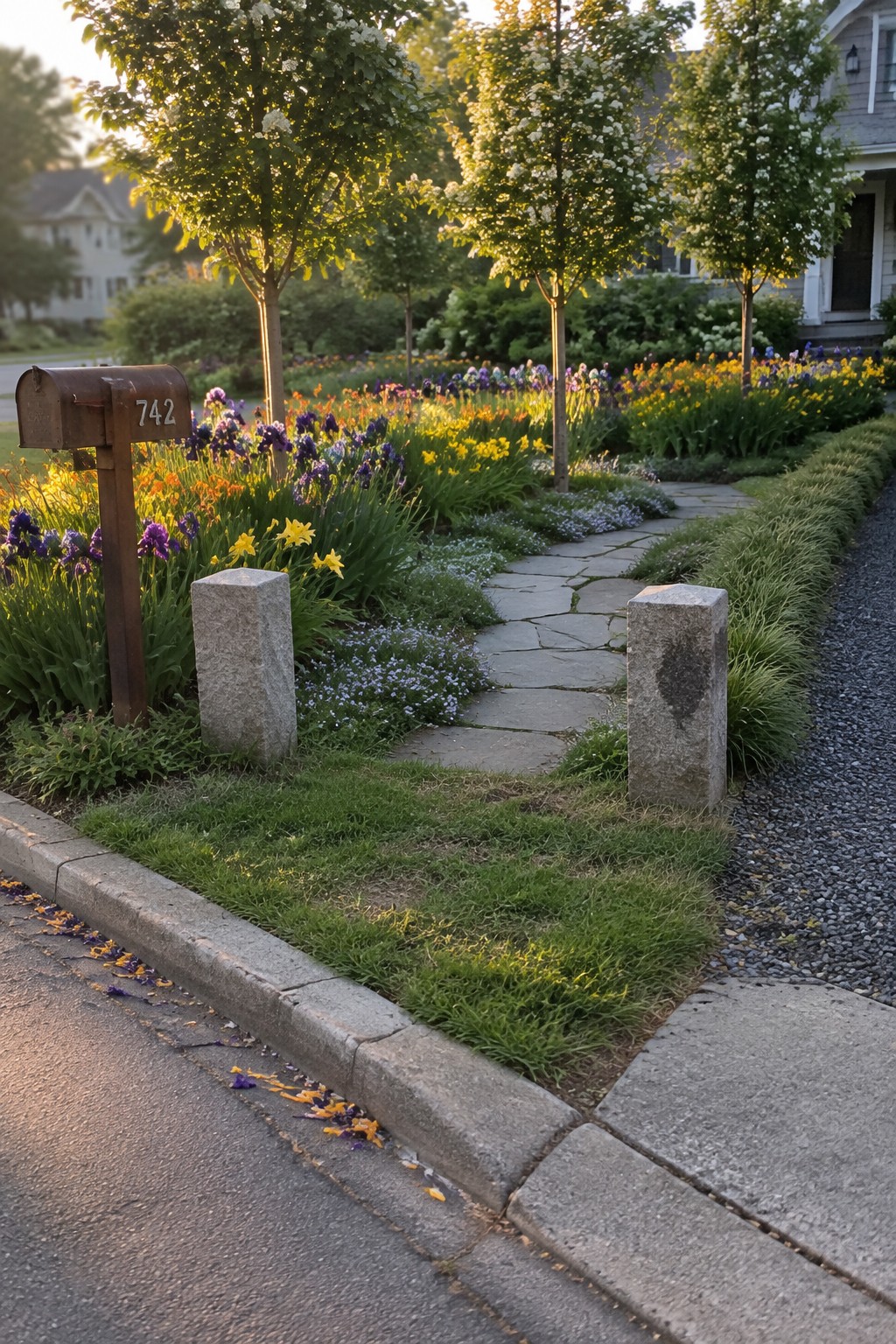 Irises and yellow daylilies border a stone path leading from the sidewalk toward a house.