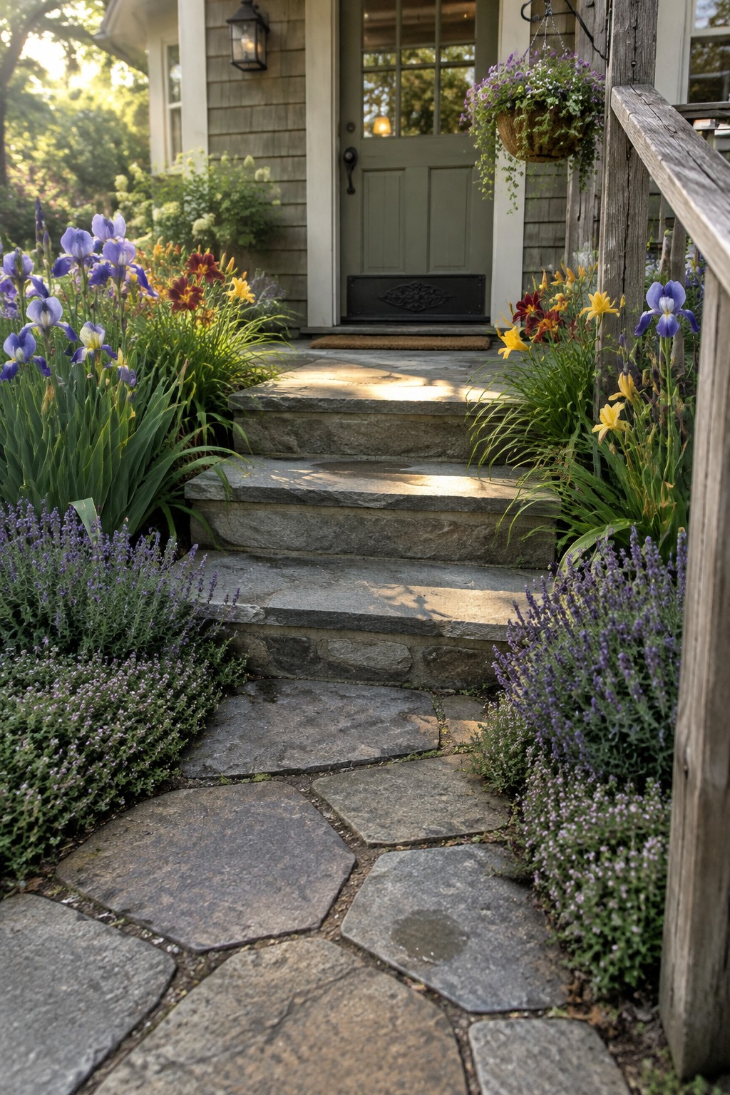 Irises and daylilies border a stone path and steps leading to a gray front door.