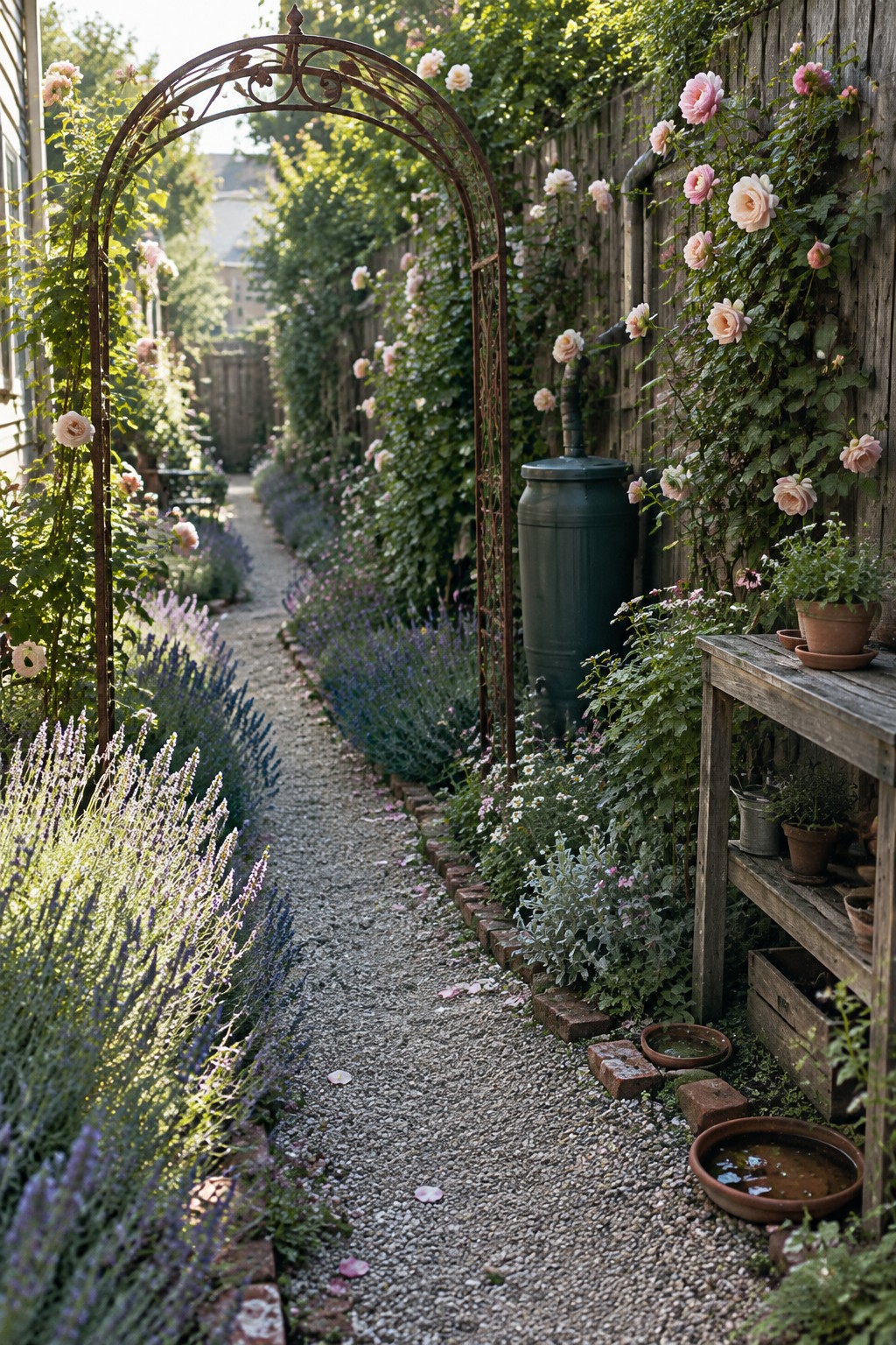 A narrow gravel path passes beneath an iron arch, with lavender along the path and climbing roses growing on a wooden fence.