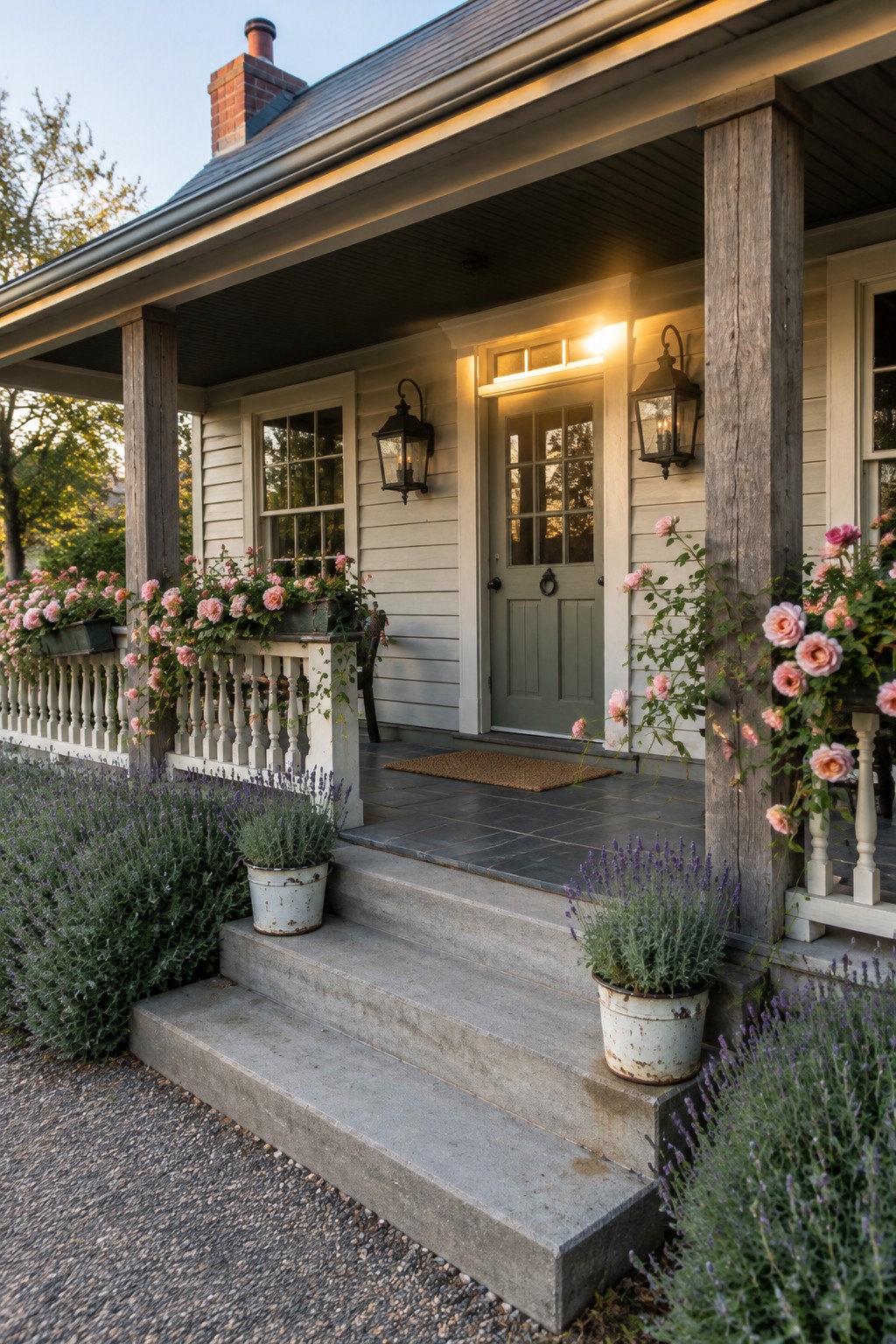 Lavender grows beside concrete porch steps, while pink roses climb along the white railing of a house entrance.