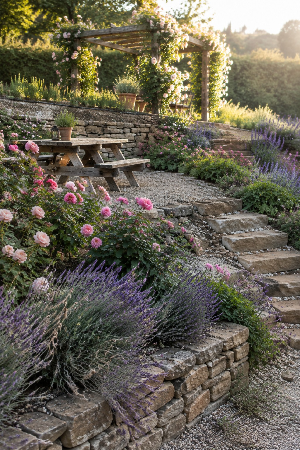 A terraced garden with pink roses, lavender, gravel paths, stone steps, a wooden picnic table, and a flower-covered pergola.