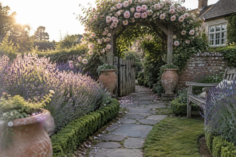 17 Lavender and Roses Landscaping Ideas for a Romantic Cottage Look An irregular stone path passes through lavender beds and a rose-covered wooden arbor beside a brick wall.