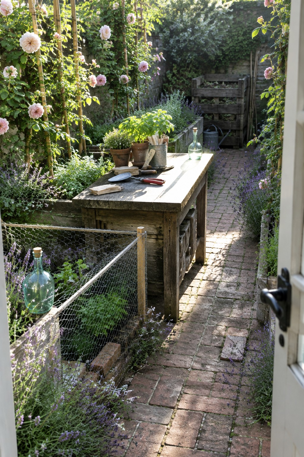 A brick path runs through a cottage garden beside lavender, climbing roses, and a wooden potting table.