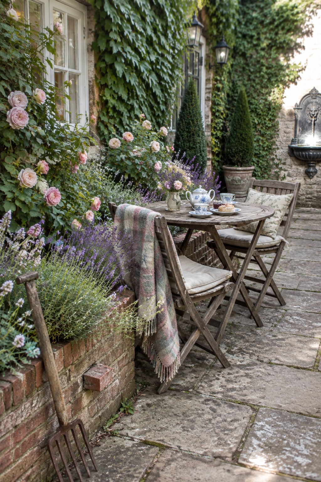 A wooden table and folding chairs sit on a stone patio beside roses, lavender, and ivy-covered walls.