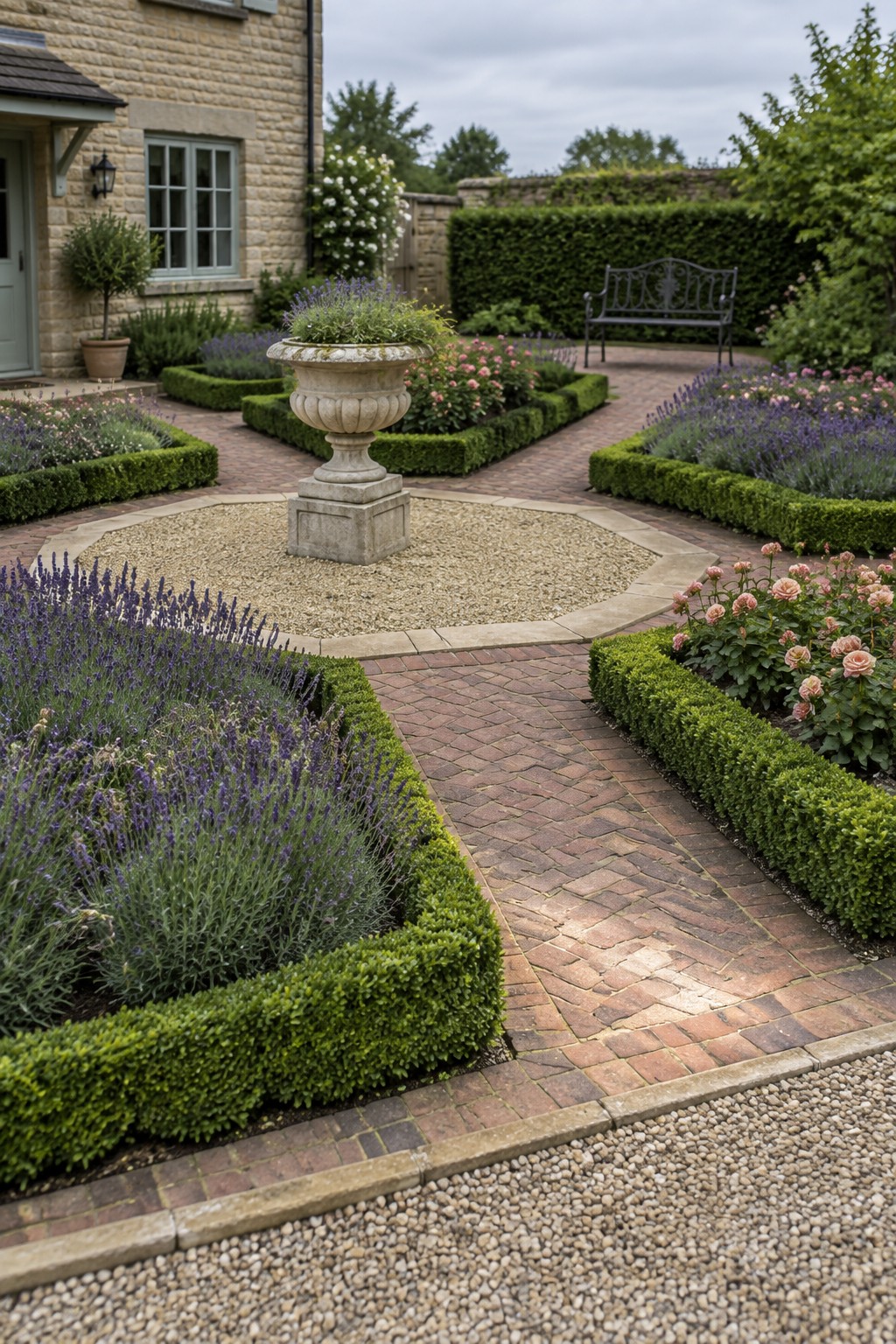 A curved brick path winds through clipped boxwood beds planted with lavender and roses, leading to a gravel circle with a stone urn.