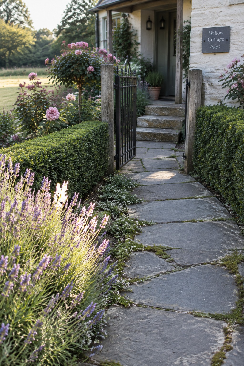 An open black iron gate stands between clipped hedges along a stone path leading to a cottage entrance surrounded by roses and lavender.