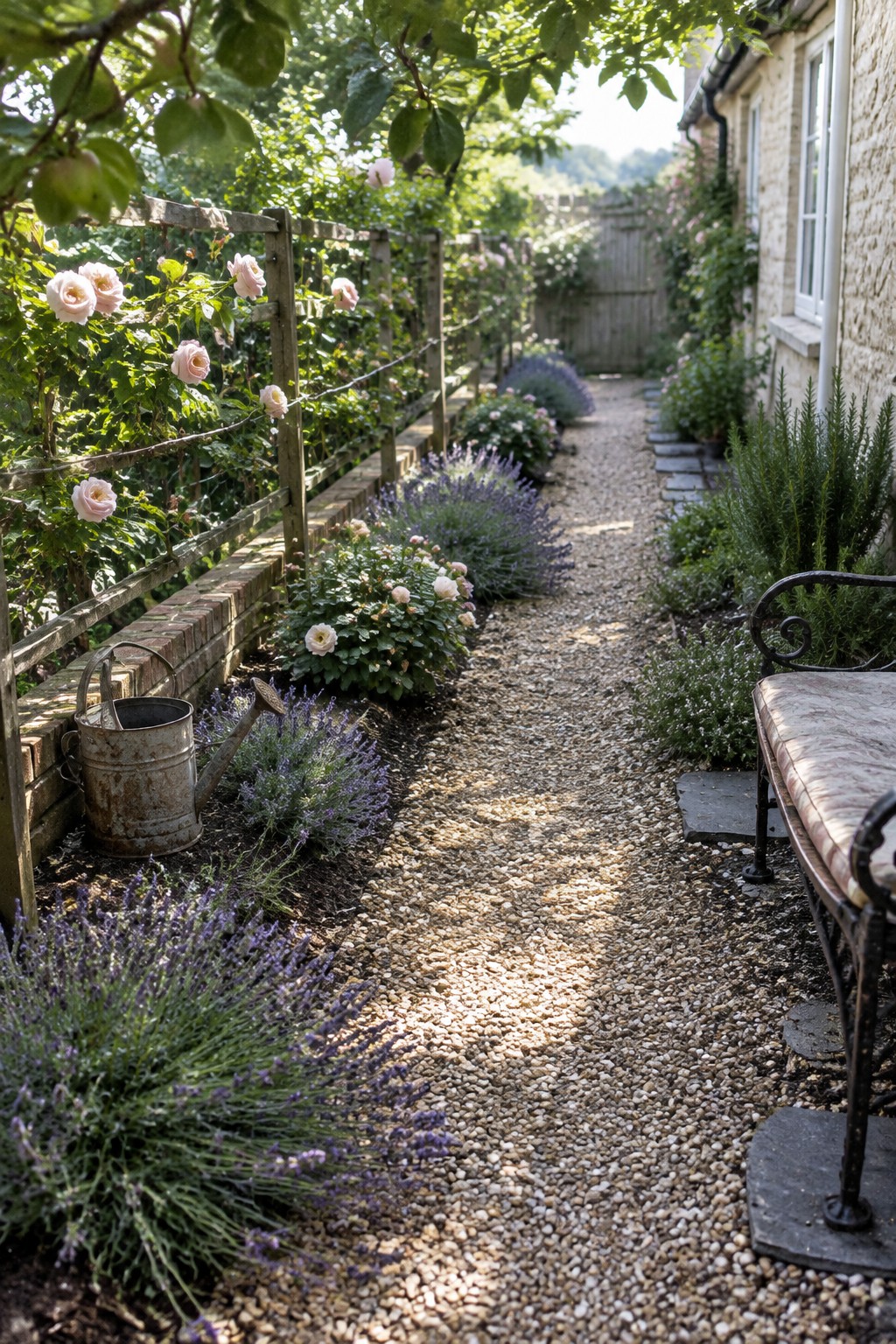 A gravel path runs between lavender and pale roses beside a wooden fence and stone house.