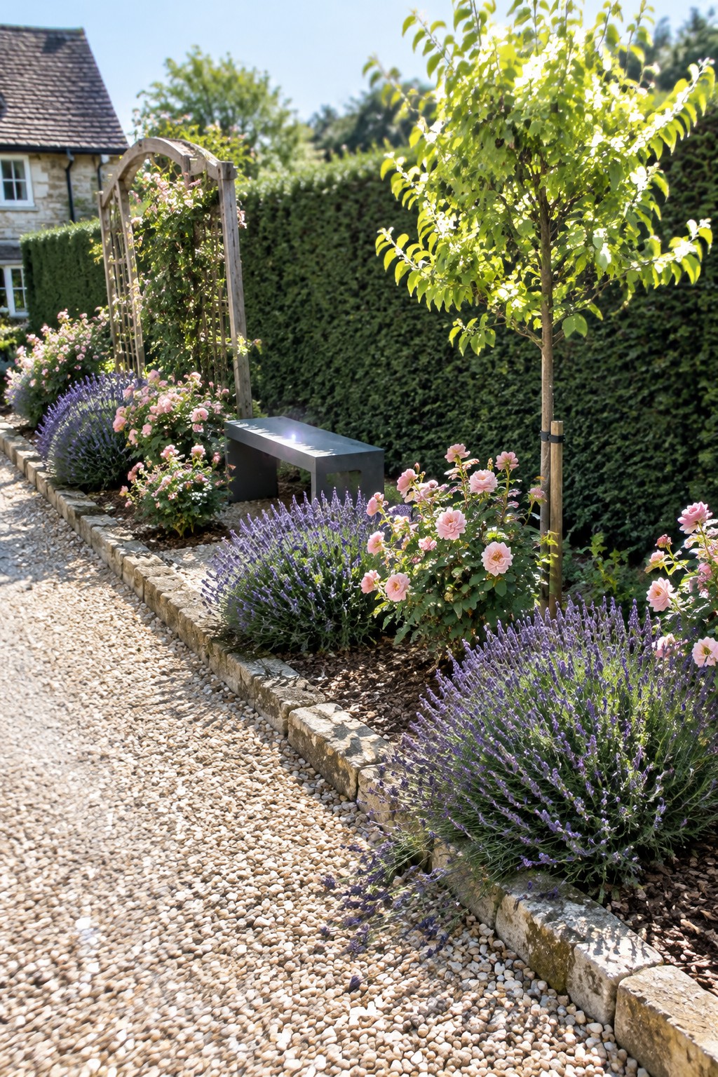 A raised stone-edged garden bed planted with lavender and pink roses beside a gravel path.